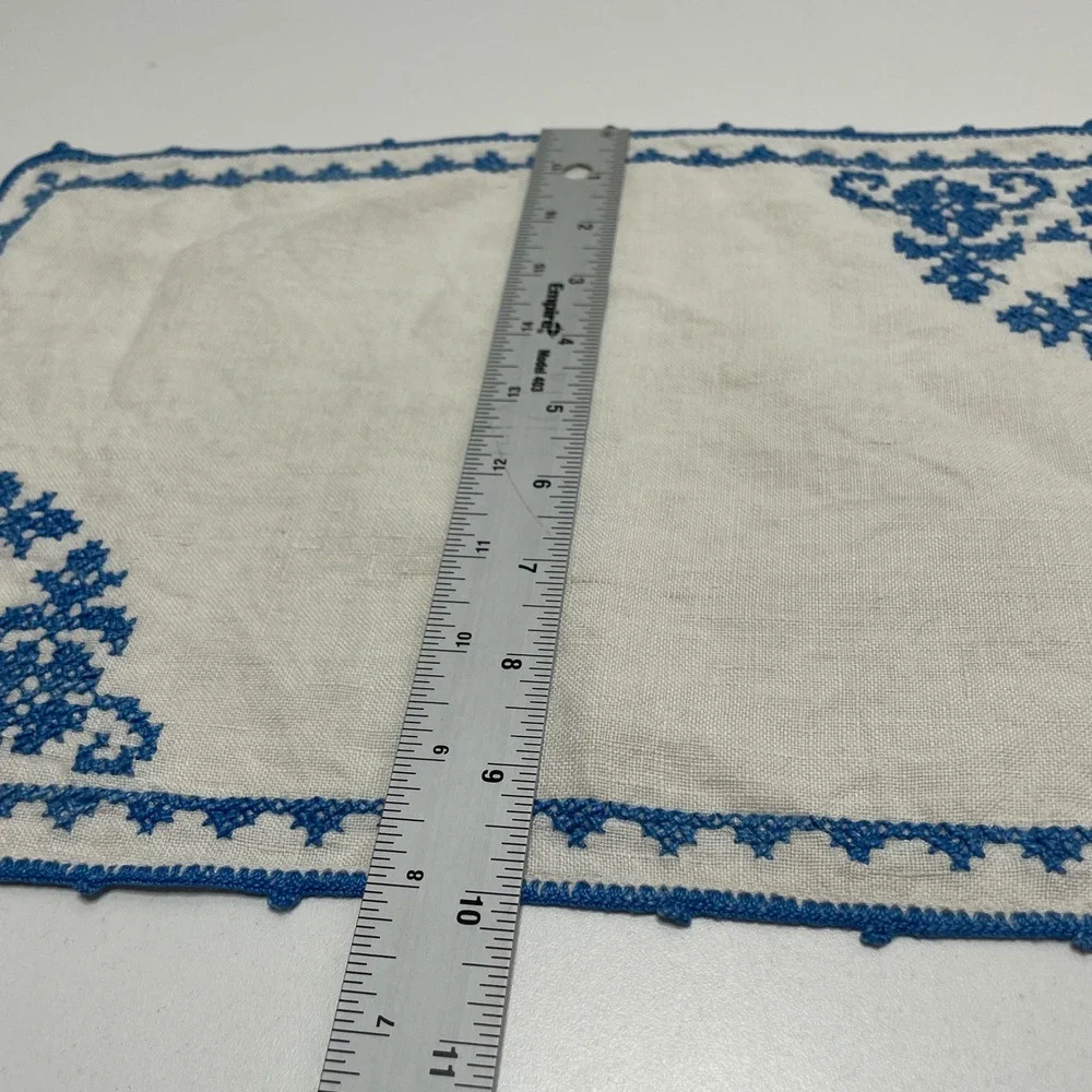 Vintage Handmade Blue Cross Stitch Linen Placemats Set 6 Floral Crocheted Edge